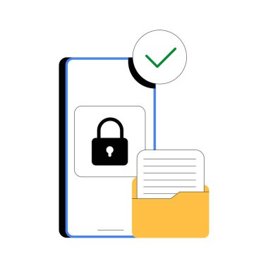 Belgeler ve onaylanmış kontrol işareti içeren bir klasörün yanında kilit ekranlı akıllı telefon, veri koruması, dosya güvenliği ve gizlilik.