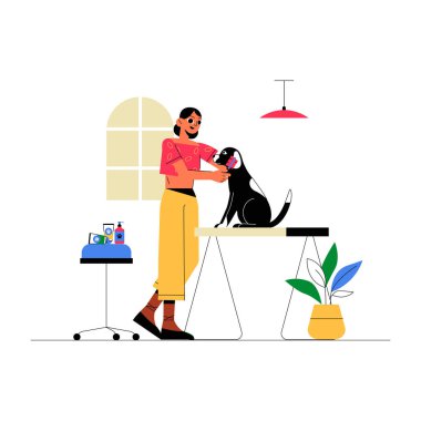 Bir kadın evcil hayvan tımarcısı, beyaz arka planda izole edilmiş, düz vektör illüstrasyonunda, hayvan bakımı için aletler kullanan, bir bakım masasının üzerinde siyah bir köpeğin yanında duruyor..