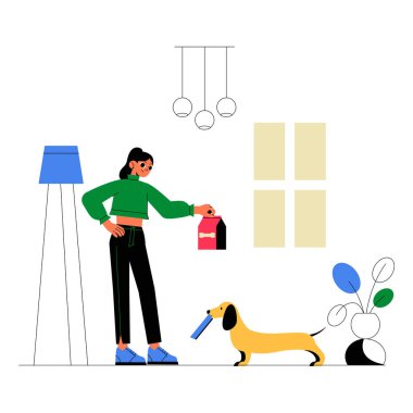 A woman holding a treat feeds her small dog in a modern living room with a lamp, plants, and minimalist decor, symbolizing pet care and love for animals. clipart