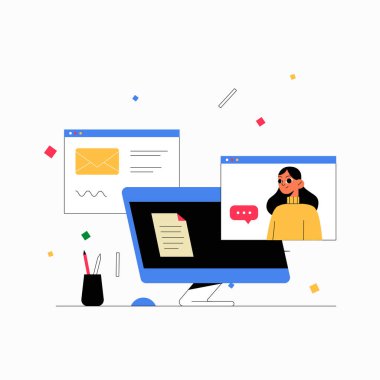 Sanal toplantı ve e-posta bildirimleri içeren masaüstü ekranı, profesyonel bir ortamda dijital iletişimi, uzaktan çalışmayı ve çevrimiçi işbirliğini sembolize eder.