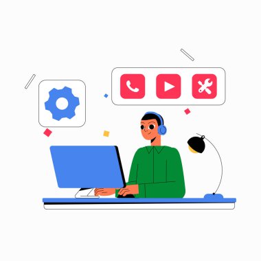 Erkek karakter bilgisayar başında oturmuş, kulaklık takıyor, medya ve teknik simgelerle çevrili, multimedya ve dijital araçları sembolize ediyor.