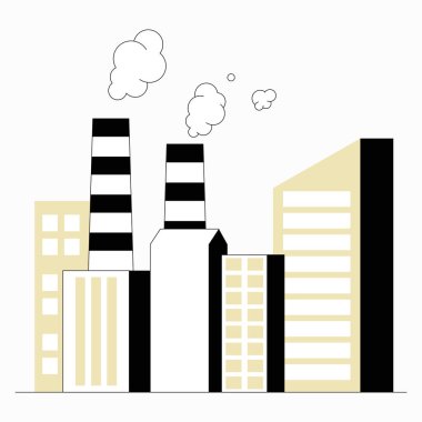 Duman yayan, hava kirliliğini, sanayileşmeyi ve çevresel etkiyi sembolize eden uzun bacalı sanayi fabrikası. Düz vektör çizimi, beyaz arkaplanda izole.