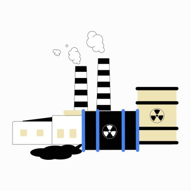 Factory with striped chimneys emitting smoke, surrounded by radioactive waste barrels and an oil spill, symbolizing industrial pollution and environmental contamination. clipart