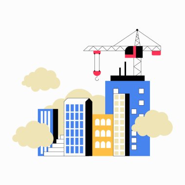 Toz bulutları ve vinci olan inşaat alanı, hava kirliliğini, kentsel gelişimi ve çevresel kaygıları simgeliyor. Düz vektör çizimi, beyaz arkaplanda izole.