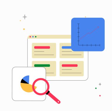 Düz bir vektör illüstrasyonunda SEO, performans analizi ve dijital pazarlamayı sembolize eden, veri tabloları ve bir büyüteç içeren bir web sayfası.