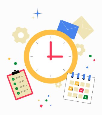 Takvim, görev listesi, zarflar ve zaman yönetimini, verimliliği ve zamanlamayı temsil eden viteslerle çevrili bir saat. Düz vektör çizimi, beyaz arkaplanda izole.
