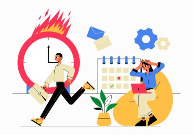 Bir kadın karakter dizüstü bilgisayarla stresli bir şekilde oturup zaman yönetimini, teslim tarihlerini ve düz bir vektör çiziminde çalışma baskısını sembolize ederken bir erkek karakter evrak çantasıyla koşar..