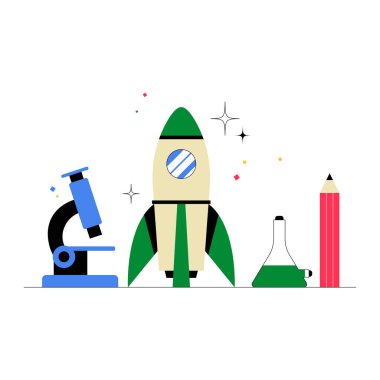 Mikroskop, matara ve kalemle birlikte fırlatılan bir roket, bilimsel bir girişimi, teknolojik yeniliği ve araştırma ve eğitimin ilerlemesini simgeliyor..