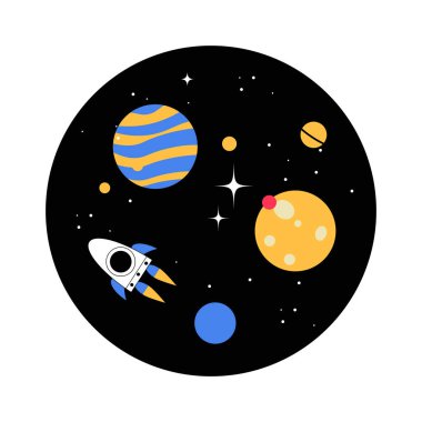 A rocket flying through space surrounded by planets, stars, and celestial bodies, symbolizing space exploration, astronomy, and scientific discovery of the universe. clipart