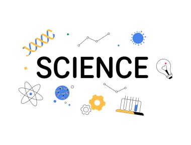 Bilimsel sözcük, bilimsel araştırma, teknoloji ve yeniliği temsil eden atom, molekül, DNA, grafik ve test tüpleriyle çevrili..