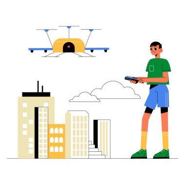 Genç bir çocuk uzaktan kumandayla şehrin üzerinde bir dron uçuruyor. İllüstrasyon uzak teknolojiyi, robotiği ve şehir keşiflerini sembolize ediyor..