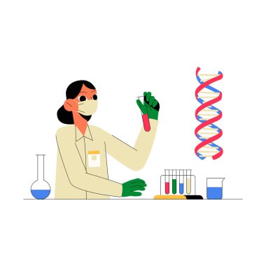 Laboratuvar önlüğü ve eldiven giyen kadın bilim adamı DNA testi tüpleri ve DNA sarmalı ile genetik, biyoteknoloji ve bilimsel araştırmaları sembolize ediyor..