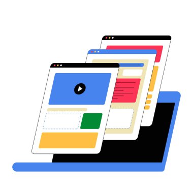 Birden fazla web sitesi penceresi olan dizüstü bilgisayar, web geliştirme, kodlama ve dijital kullanıcı arayüzü tasarımını sembolize eden düz bir vektör illüstrasyonunda çeşitli içerik türlerini gösterir.