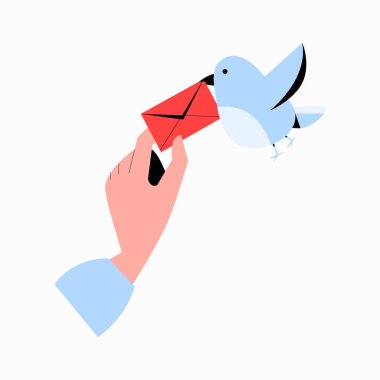 Uçarken posta güvercinine kırmızı bir zarf teslim eden bir el, iletişimi, mesaj iletimini ve beyaz arka planda izole edilmiş geleneksel yazışmaları simgeliyor..