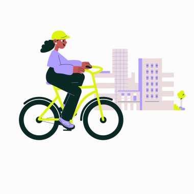 Kasklı bir bayan bisikletçi, arka planda modern binalar olan şehirde bisiklet sürüyor. Çevre dostu taşımayı ve şehir hareketliliğini sembolize eden düz vektör çizimi.