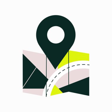 Konum broşu, geometrik şekilli ve eğri yolu olan stilize katlanmış bir haritaya yerleştirilmiş. Navigasyon, seyahat planlaması ve GPS kılavuzu hakkında düz vektör çizimi. Beyaz arkaplanda izole