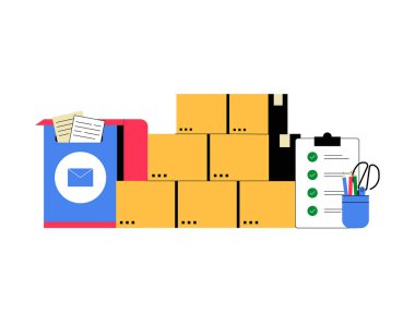 Bir pano, kontrol listesi ve kırtasiye malzemesi ile istiflenmiş bir posta paketi koleksiyonu, paket sevkiyatı, lojistik, sipariş tamamlama ve posta servislerini temsil eder.