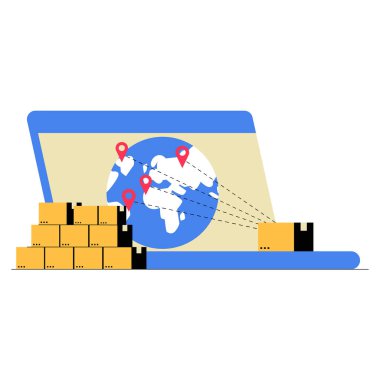 Uluslararası ticaret, küresel lojistik ve ticari dağıtım çözümlerini temsil eden lobutları ve nakliye kutularıyla dolu küresel bir haritayı gösteren dizüstü bilgisayar.