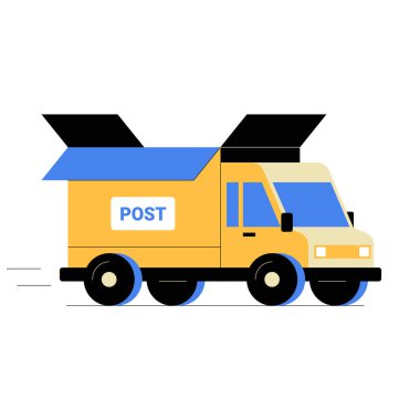 A yellow postal delivery truck with open compartments moving forward, symbolizing parcel shipping, courier services, logistics, and express delivery. clipart