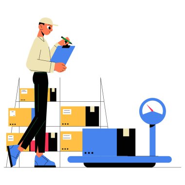 A warehouse worker records package weights using a clipboard while checking a weighing scale. Flat vector illustration symbolizing logistics, freight management, and warehouse operations. clipart