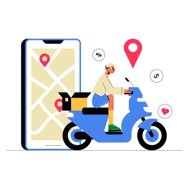 Arka planda akıllı telefon haritası olan motosiklet teslimatçısı, kurye servislerini, GPS izleme ve lojistiği sembolize ediyor, beyaz arka planda izole edilmiş..