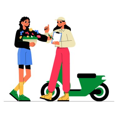 Çiçek teslimatçısı bir kadın müşteriye buket uzatıyor, hızlı hediye servisini, online alışverişi ve modern kurye teslimatını simgeliyor. Düz vektör illüstrasyonu, beyaz üzerinde izole