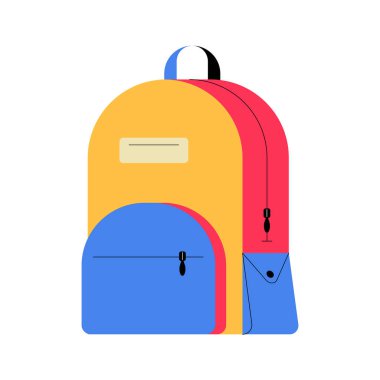 Çok bölmeli parlak renkli bir okul çantası. Eğitimi, okul malzemelerini ve öğrencilerin temel ihtiyaçlarını simgeliyor..