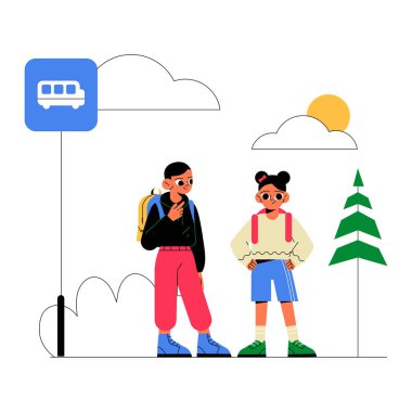 Otobüs durağında bekleyen sırt çantalı iki öğrenci okul seyahatini, eğitimi ve öğrenci hayatını sembolize ediyor..