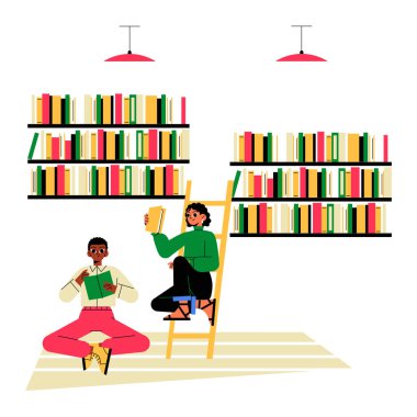 Two people reading books in a library, one sitting on a ladder and the other on the floor, surrounded by bookshelves. Flat vector illustration representing education and learning. clipart