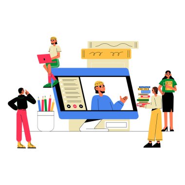 Students engage in an online learning platform with a virtual teacher on a large screen, symbolizing digital education, remote study, and e learning. clipart