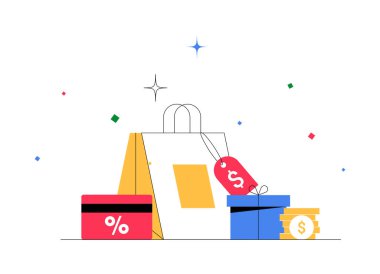 Alışveriş çantaları, indirim etiketleri, bir kredi kartı, ve parıltılarla çevrili hediye kutuları, bayram satışlarını, ticareti ve çevrimiçi alışveriş promosyonlarını simgeliyor..