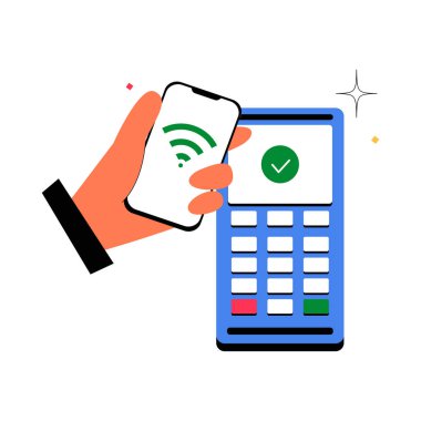 Üzerinde kablosuz ödeme sembolü olan akıllı telefonu tutan bir el POS terminalinin ödemesini yapıyor. Dijital cüzdanları ve nakitsiz işlemleri temsil eden düz vektör illüstrasyonu.