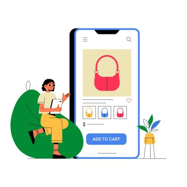 Fasulye koltukta oturan bir kadın akıllı telefonuyla online bir mağazaya göz atıyor ve bir çanta seçiyor. Dijital alışveriş, e ticaret ve mobil perakende satışını sembolize eden düz vektör illüstrasyonu.
