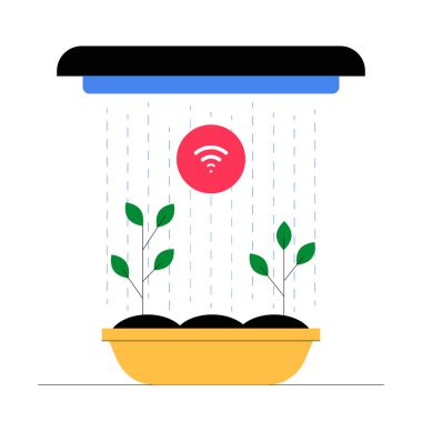 Genç bitkileri sulayan Wi-Fi kontrollü akıllı sulama sistemi. Verimli su kullanımı ve mahsul yönetimi için otomatikleştirilmiş tarım teknolojisi, beyaz arka planda izole edilmiştir.