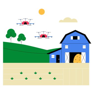 Tarımsal dronlar tarlaların üzerinde uçuyor bir ahırın yakınındaki mahsulleri ilaçlıyor. Akıllı tarım teknolojisi sürdürülebilirliği ve hassas tarımı arttırıyor, beyaz arka planda izole edilmiş..
