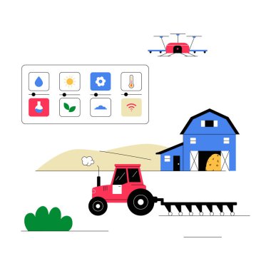 Akıllı tarım simgelerine sahip dijital kontrol paneli tarımsal operasyonları izliyor. Kırmızı traktör, çiftlik ahırı ve insansız hava aracı otomasyonu, IoT çiftçiliği ve modern tarım uygulamalarını temsil ediyor..