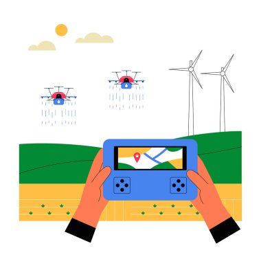 Bir çiftçi insansız hava araçlarını uzaktan kontrol ediyor tarlaları tarımsal çözümlerle ilaçlıyor. Akıllı teknoloji ürün yönetimi, hassas tarım ve sürdürülebilirliği artırır.