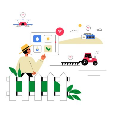 Male farmer using a smart farming system with a digital control panel to monitor agricultural conditions. Shows IoT farming with drones, sensors, and automation. clipart