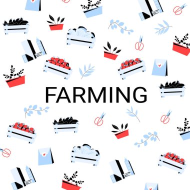 Çiftlik sandıkları, saksı bitkileri ve bahçe aletleri içeren kusursuz desenler. Beyaz arka planda izole edilmiş sürdürülebilir tarım, hasat ve kırsal yaşam tarzı hakkında düz vektör çizimi