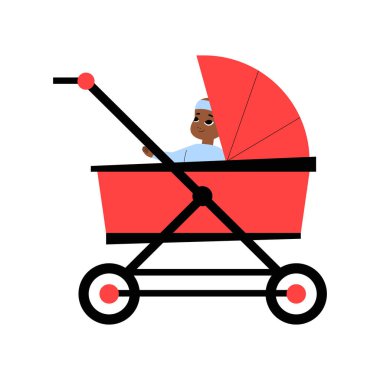 A baby sits in a red stroller with a protective canopy, dressed in a light outfit. Flat vector illustration symbolizing parenthood, childcare, infant mobility, and family lifestyle. clipart