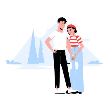 Romantik bir randevuda dışarıda duran genç bir çift. Erkek beyaz bir gömlek giyer, kadın ise çizgili bir bluz ve kırmızı bereli, aşkı ve sevgiyi simgeler..