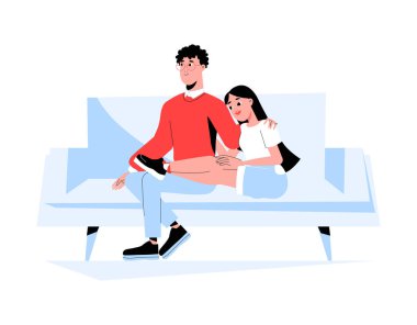 Genç bir çift koltuğa oturur, kadın eşine yaslanır, rahatlığı, aşkı ve duygusal bağı sembolize eder. Rahat ev ayarları, beyaz arkaplanda izole edilmiş..