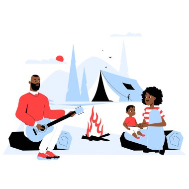 Anne ve çocuk kamp ateşinde oturup doğanın tadını çıkarırken bir baba gitar çalıyor. Arka planda bir çadır ve dağlar, açık hava macerasını ve aile bağlarını simgeliyor..