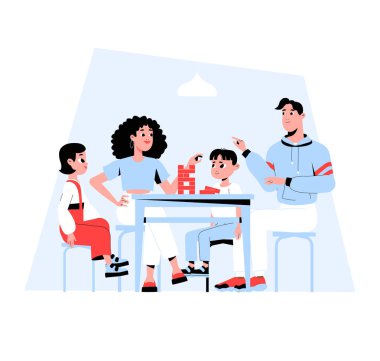 Bir aile masa etrafında bir masa oyunu oynayarak bir araya geldi. Ebeveynler ve çocuklar eğlenceli ve ilgi çekici aktivitelerden hoşlanırlar. Aile bağını ve eğlenceyi sembolize eden düz vektör çizimi