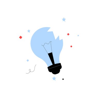 Broken lightbulb with sparks, representing failed ideas, business mistakes, and innovation challenges. Flat vector illustration, isolated on white background. clipart