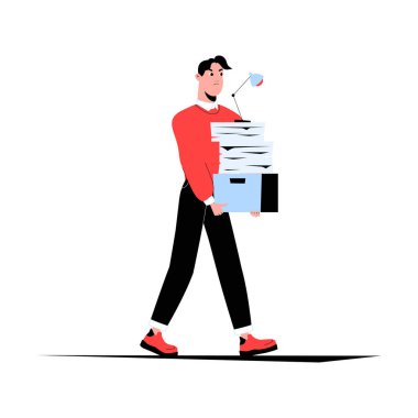 İş adamı, elinde bir masa lambası, iş baskısını, ofis sorumluluklarını ve belge yönetimini simgeleyen bir yığın belge taşırken yürüyor. Düz vektör illüstrasyonu.