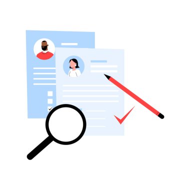 İki özgeçmiş, bir büyüteç ve bir kırmızı işaret işe alım sürecini, işe alım sürecini ve kariyer seçimini, İK ve istihdam kararlarını temsil ediyor..