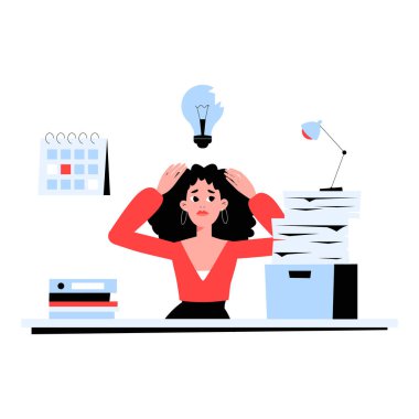 Kadın ofis çalışanı evrak işleriyle boğulmuş kafasının üstünde sorun çözmeyi, iş fikirlerini ve teslim tarihlerinin stresini simgeleyen bir ampul var. Düz vektör çizimi, izole edilmiş.