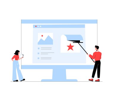 Bir erkek ve kadın tasarımcı, büyük ekrandaki elementleri ayarlamak için bir web sitesi arayüzü üzerinde çalışıyor. İllüstrasyon web geliştirme, dijital markalaşma ve kullanıcı deneyimi tasarımını temsil etmektedir.