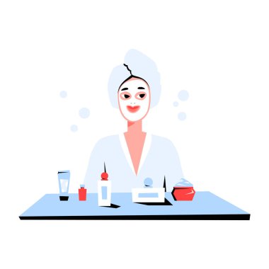 Kafasında havluyla gülümseyen bir kadın güzellik ürünleriyle dolu bir masaya cilt bakımı, cilt bakımını ve yüz bakımını temsil eder..